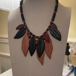 Handcrafted Wooden Black and Brown Leaf Statement Necklace